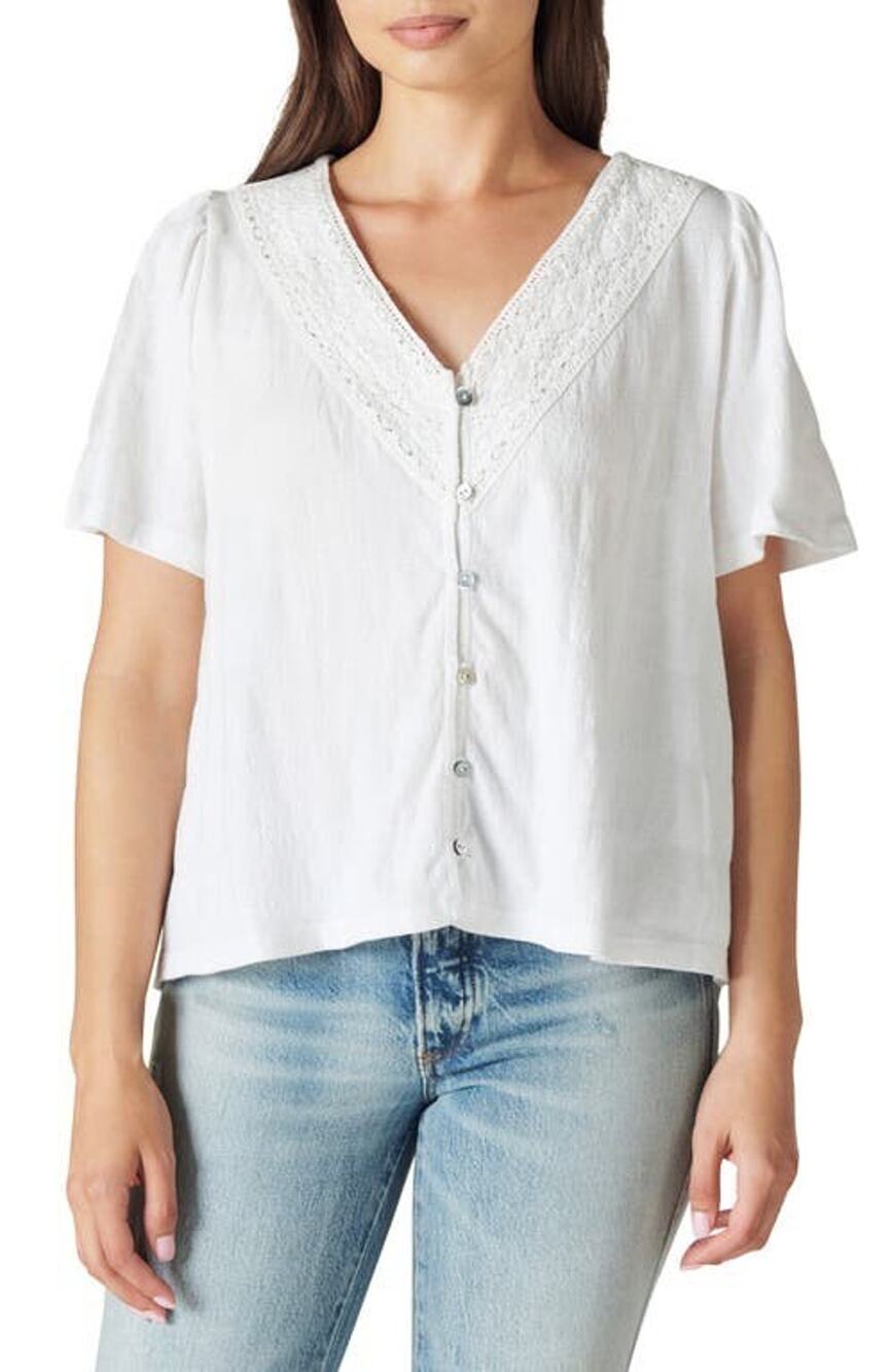Lucky Brand Lace-Trim Shirt - Bright White Sz Sm